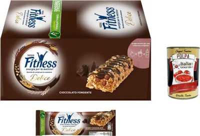 Produktbild von Nestlé Fitness Barrette di Cereali Integrali al cioccolato, Schokoladen Vollkornriegel, 540g Packung, Jede Packung enthält 24 Riegel à 22,5g + Italian Gourmet polpa 400g
