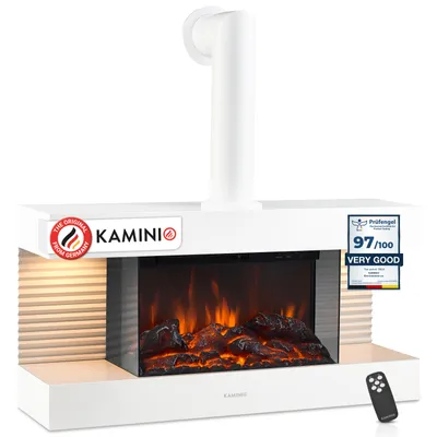 Productafbeelding van KAMINIO Elektrische kachel LIZ met rookkanaal - Elektrische wandkachel met verwarming, 3D-vlammeffect, LED-omgevingslicht, afstandsbediening - Wit