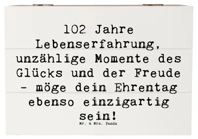 Produktbild von Mr. & Mrs. Panda Geschenkbox Spruch 102. Geburtstag Glück 22 x 15 cm - Weiß - Geschenk, Jubiläum, Happy Birthday, handgefertigte Geschenke, geschenkkiste, fotobox, Truhe