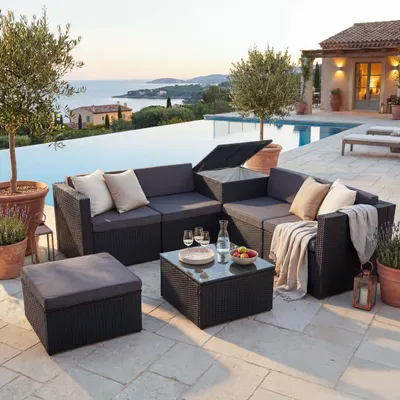 Produktbild von Poly-Rattan-Garnitur HWC-D21, Balkon-/Garten-/Lounge-Set Sofa Sitzgruppe, Box Staufach  anthrazit, Kissen dunkelgrau