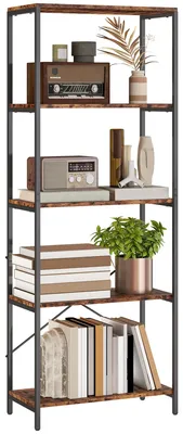 Immagine prodotto di Libreria a 5 ripiani, design industriale, struttura in metallo, scaffalature aperte, ideale per soggiorno, ufficio o studio. Dimensioni: 79 x 35 x 161 cm. Colore: marrone rustico