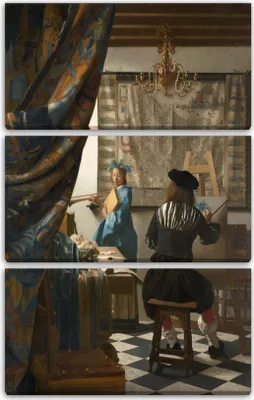 Produktbild von Leinwandbild 3-teilig (80x120cm): Jan Vermeer - Die Allegorie der Malerei (1666/1668), echter Holz-Keilrahmen inkl. Aufhänger, handgefertigt in Deutschland