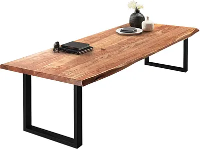 Produktbild von Esszimmertisch 240x110 cm Valin, Akazienholz naturfarben & massiv, Baumkantentisch mit U -Gestell aus Metall Mattschwarz, echte Baumkante, Platte 50mm