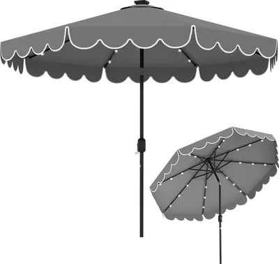 A gray patio umbrella with a scalloped edge and white trim, featuring LED lights, is shown against a white background. A smaller, angled view of the same umbrella is also present.
