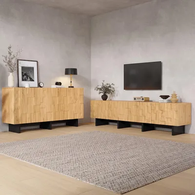 Produktbild von Merax Wohnzimmer Möbel Set, TV-Lowboard & Sideboard Set, TV Schrank mit 4 Türen, Kommode mit 3 Türen, Push-to-Open, Naturholz