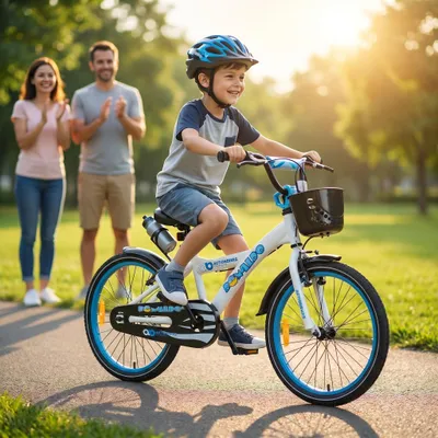 Produktbild von Actionbikes Kinderfahrrad Donaldo 20 Zoll | Kinder Fahrrad - V-Brake Bremsen - Kettenschutz - Fahrradständer - Fahrradkorb - 6-9 Jahre (Blau/Weiß)