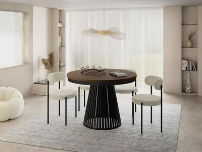 Produktbild von Esstisch Rund Ausziehbar mit Lamellen im Loft-Stil – 120 bis 200 cm – Industrieller Tisch mit Schwarzen Metallbeinen, Platzsparend für Wohnzimmer oder Esszimmer – Walnuss Braun