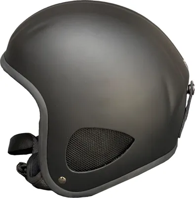 A side view of a black matte motorcycle helmet.