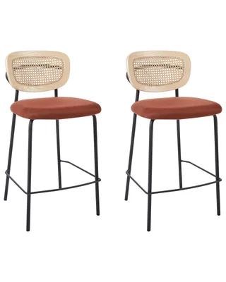 Produktbild von BELIANI Set aus 2 Barstühlen Orange Polyesterpolsterung Naturrattan Wiener Geflecht Rückenlehne Schwarz Metallbeine Armlose Hocker