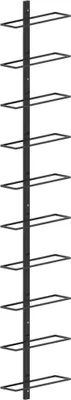 A black metal wine rack with multiple shelves.
