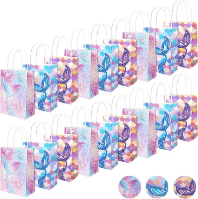 Imagen del producto de Bolsas de papel con diseño de sirena, 18 unidades, 15x8x21 cm, ideales para fiestas de cumpleaños infantiles
