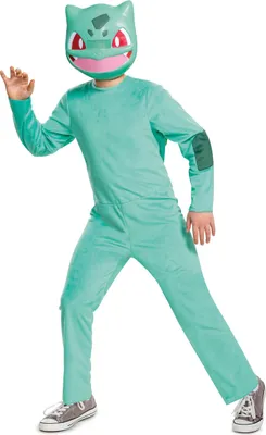 A child wearing a Bulbasaur costume, including a mask and a full-body suit, stands against a white background.