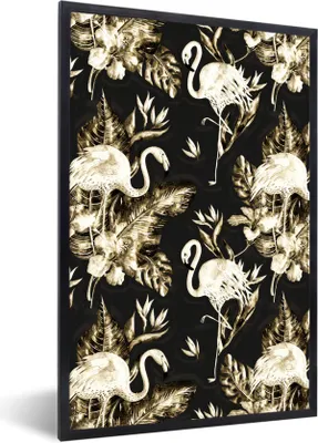 Produktbild von MuchoWow® MuchoWow® Gerahmtes Poster Blumen - Gold - Flamingo 40x60 cm - Poster mit zchwarzem Bilderrahmen - Papierdruck - Wandbilder