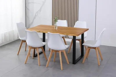 Produktbild von Essgruppe 7tlg. 160 x 85 cm Holz Wildeiche-Optik 6x Schalenstühle Weiß U-Gestell Schwarz JOSY