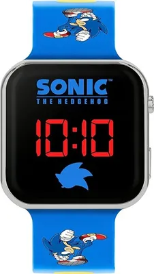 A digital watch with a Sonic the Hedgehog theme.