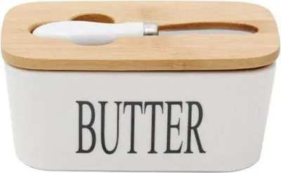 Produktbild von Butterdose Porzellan Butter mit Messer und Holzdeckel für 250g, Weiß, 16.5 x 10 x 7.5 cm