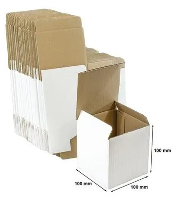 A stack of white and brown cardboard boxes, with one box open in the foreground, showing dimensions.