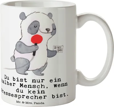 Produktbild von Mr. & Mrs. Panda Kaffeebecher Pressesprecher Herz - Weiß - Geschenk, bedruckt, Tasse, Teetasse, Becher, Pott, Trinkbecher