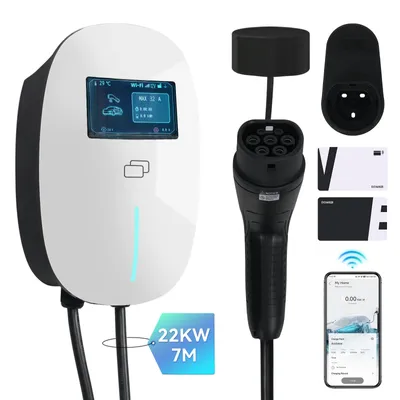 Produktbild von Puluomis Wallbox Ladestation 22kW Ladekabel 7m Typ 2 mit Halter,EV Ladegerät 3-phasig 6-32A einstellbar, IP65 mit Wlan & Bluetooth 24h Timer Weiß