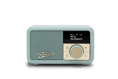 A Revival Petite 2 DAB+ radio in duck egg blue, shown against a white background.