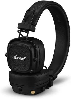 A black Marshall Bluetooth headphone is shown against a white background.