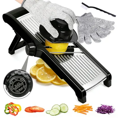Produktbild von Gemüsehobel Mandoline, Verstellbar Edelstahl, 5-in-1 Gurkenhobel Dünne Scheiben, Multifunktion Gemüseschneider mit Anti-Schneid-Handschuhe, Reinigungsbürste