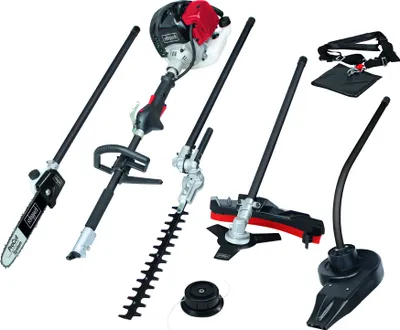 Image de Scheppach Débroussailleuse à essence MTC42-5P | 1,5 CV - Moteur 2 temps | 42,7cm³ | 5en1 | Tondeuse à gazon | Taille-haies | Elagueuse sur perche | Souffleur de feuilles | Bandoulière