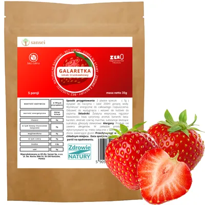 Zdjęcie produktu dla Galaretka bez cukru o smaku truskawkowym 35g - 5 porcji FIT KETO bez glutenu, bez tłuszczu, bez węglowodanów tylko 9,5 kcal porcja