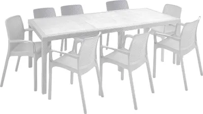 Produktbild von Outdoor Lounge Set Arret, Outdoor Lounge Set, Ausziehbarer rechteckiger Tisch mit 8 Stühlen mit Armlehnen,  Italy, Weiß