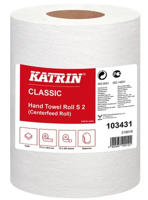 Obrázek produktu pro Ručník papírový Katrin M, 2vrstvý, recykl, role, střed. odvíjení, o 20 cm, 150 m, bílý, 6 ks (3396)