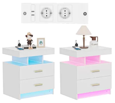 Immagine prodotto di Set di due comodini bianchi con cassetti e illuminazione LED, dimensioni 50x40x58 cm