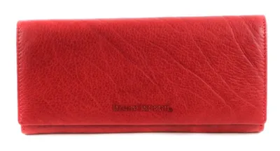 A red leather wallet is shown against a white background.