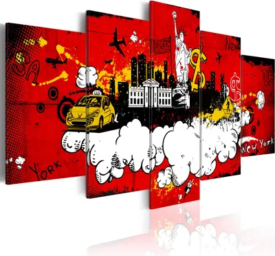 Produktbild von Modernes Wandbild d-A-0007-b-n (150x75) - 5 Teilig Bilder Fotografie auf Vlies Leinwand Foto Bild Dekoration Wand Bilder Kunstdruck New York City NYC Freiheitsstatue Taxi