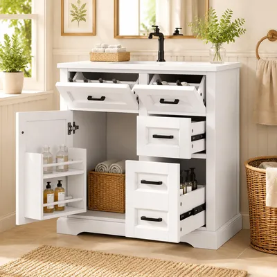 Produktbild von okwish Waschtischunterschrank integriertes Keramikwaschbecken, Badschrank mit Schubladen, Viel Stauraum,Weiß