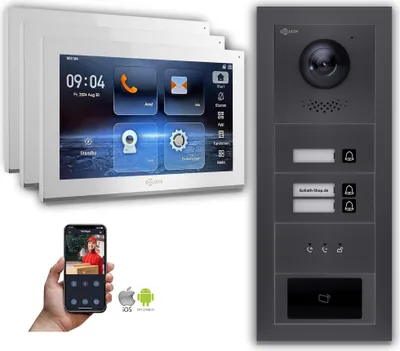Produktbild von Goliath IP Video Türsprechanlage: 10-Zoll 3Familienhaus, RFID, Anzeige, Anthrazit  : 10 Zoll Weiß : 4er POE : Unterputzdose Anschluss: 4er POE Monitor Farbe: 10 Zoll Weiß Montage: Unterputzdose