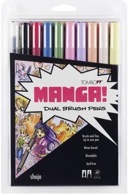 Produktbild von Tombow ABT-10C-MANGA2, Fein / Mittel, 10 Farben, Schwarz, Blau, Grün, Grau, Orange, Pink, Gelb, Rundspitze & Bürstenspitze, Mehrfarbig, Rund