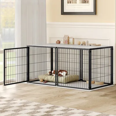 Image de Basics Cage pour chien modulaire 120 x 60 x 60 cm, cage pour chien avec couvercle de sécurité, acier antirouille, tablette en PVC, porte flexible, parc d'intérieur, noir