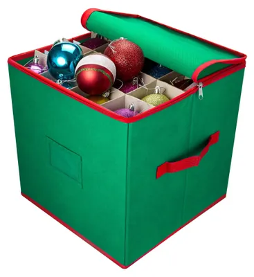 Produktbild von Weihnachtskugel Aufbewahrung 64 Stück - mit Griff und Deckel - Weihnachtsdeko Organizer - Vliesstoff Box - Grün - 33x33x33 cm