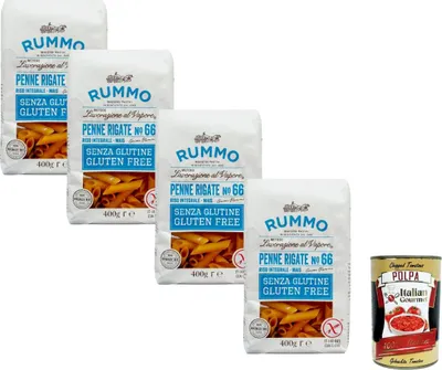 Produktbild von Rummo Penne Rigate Nr 66 Glutenfrei 4x400g Pasta aus Mais & Vollkornreis bronzen gezogen italienische Nudeln Vorratspack für Saucen + Italian Gourmet polpa