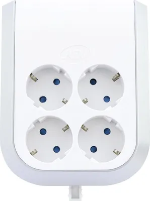 A white multi-socket power strip with four outlets is shown against a white background.