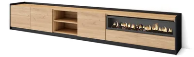 Image de Meuble TV, Banc Télé, Grand espace de Rangement, 310x37x50cm, Pour les TV jusqu'à 80", Cheminée électrique, Chêne et noir
