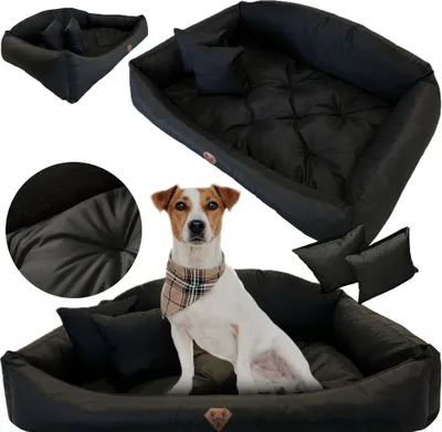 A collage of images showing a black dog bed with a dog and pillows, and close-ups of the bed's material.