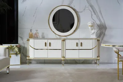 Image de Buffet blanc avec miroir, 4 portes, 4 tiroirs, moderne