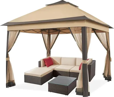 Image de Pavillon pliable 3,3 x 3,3 m, double toit, 4 moustiquaires amovibles, résistant aux UV & à la pluie, kaki foncé