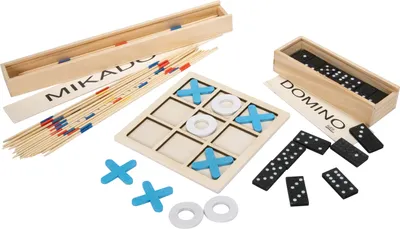 Produktbild von GICO Reisespiel Set mit DREI klassichen Spielen aus Holz Domino Spiel Mikado Spiel und Tic Tac Toe für Kinder und Erwachsene - 7966