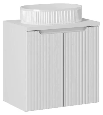 Image de Ensemble VANO blanc 60cm : meuble sous vasque à placards + plan pour vasque blanc + vasque à poser rainurée blanche
