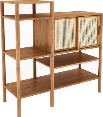 Produktbild von Regalschrank 123 cm breit, Eiche massiv geölt mit Rattangeflecht, PORI-165