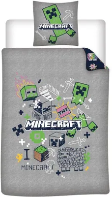 Immagine prodotto di Biancheria da letto per bambini Unyqoos® a tema Minecraft, 140x200 cm – Set con lenzuolo e federa (63x63 cm), 100% poliestere, grigio/blu navy, motivo ufficiale Creeper