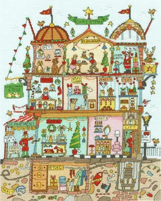 Zdjęcie produktu dla Zestaw do haftu krzyżykowego "Cut Thru Weihnachtskaufhaus" firmy Bothy Threads, model do szycia, numer xct38, wymiary 26x34 cm