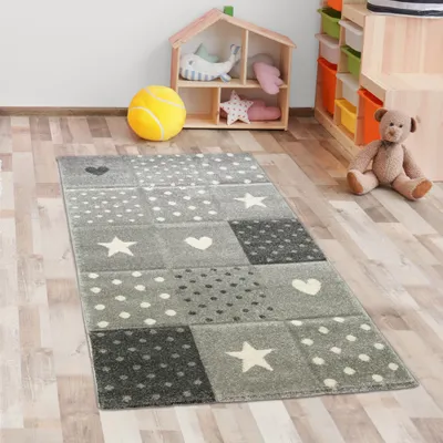 Zdjęcie produktu dla Dywan dziecięcy do pokoju dziecięcego dywanik do zabawy kropki serduszka gwiazdki kremowy czarny szary rozmiar - 80x150 cm